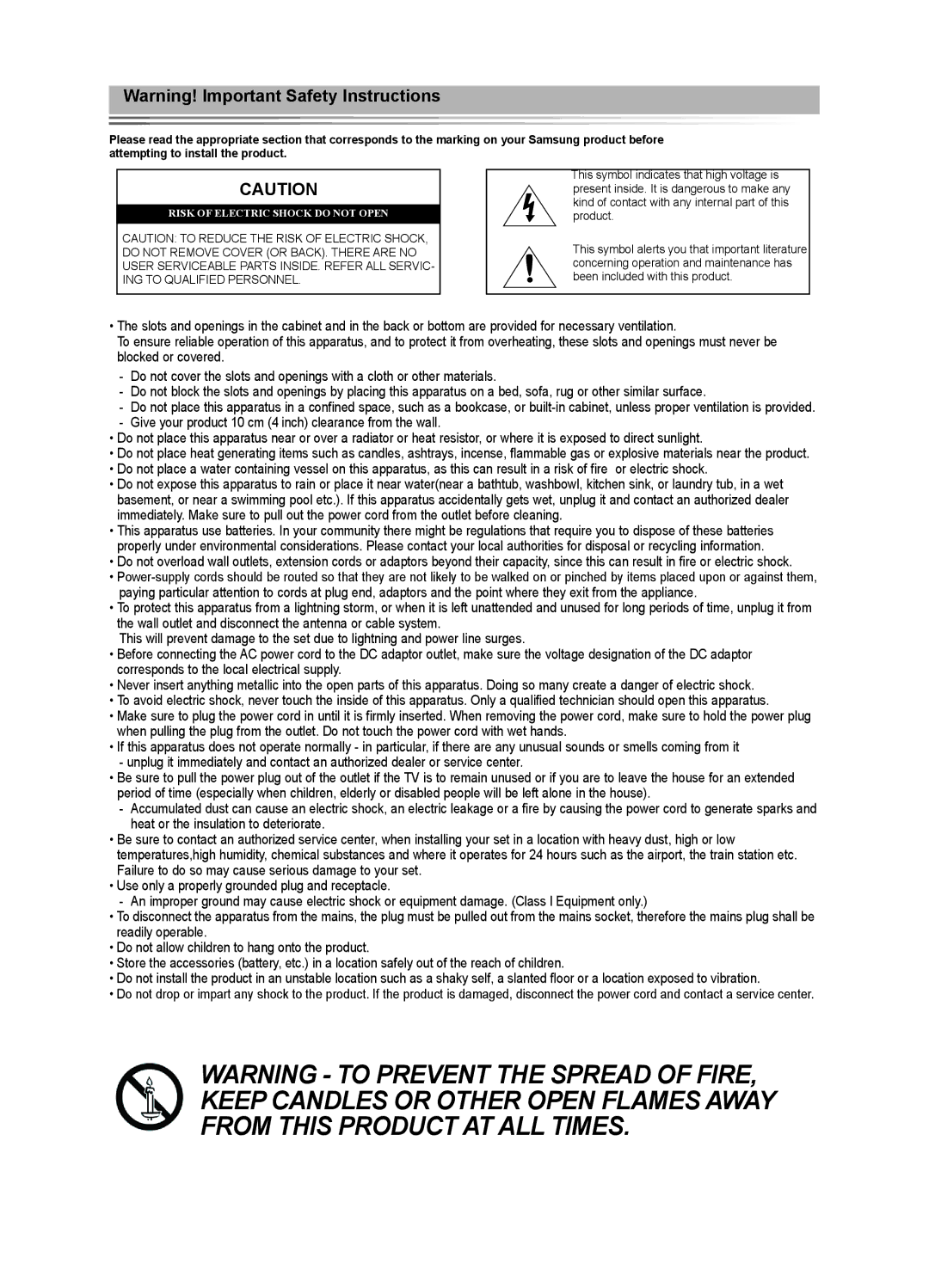 Samsung 300 user manual Risk Of Electric Shock Do Not Open 